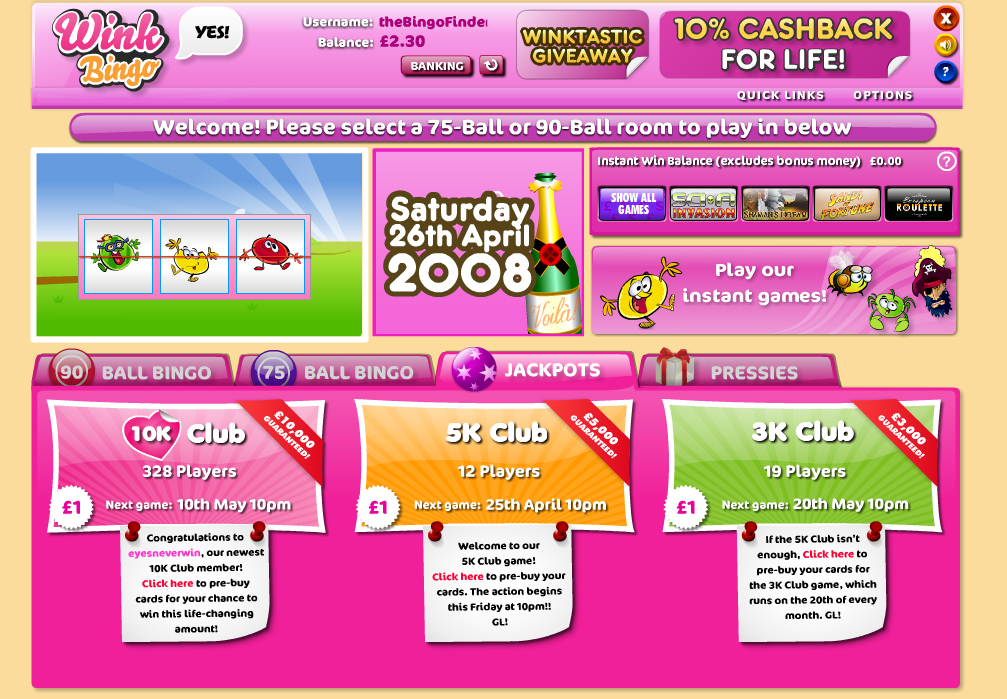 Wink bingo Lobby
